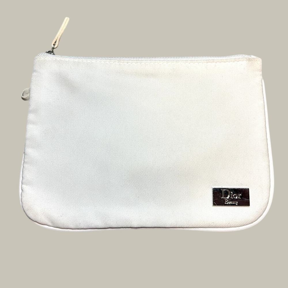 Dior Beauty White Canvas Makeup Pouch Cosmetic Bag Silver Logo Plaque